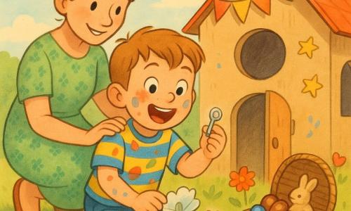 Un niño de 4 años, sonrisa amplia y ojos redondos, con manchas de pintura en el rostro y pelo castaño claro corto, arrodillado frente a una casita de cartón pintada, saca una pequeña llave plateada de un nido de papel con expresión maravillada y alegre, vestido con camiseta de rayas amarilla y azul y vaqueros; detrás, una mujer adulta (madre, 30–35 años) de pelo castaño recogido en moño, vestido verde con flores y zapatos planos, lo mira con ternura y la mano sobre su hombro; junto a la casita hay un pequeño cesto de mimbre con un candado en forma de zanahoria abierto que contiene huevos de chocolate brillantes y un conejito de azúcar beige; el escenario es un jardín soleado con césped, flores coloridas y cielo azul pálido, la casita tiene ventana circular recortada, puerta entreabierta, pegatinas de estrellas y guirnalda de papel; ambiente luminoso, colores vivos y texturas de pintura y cartón bien visibles.