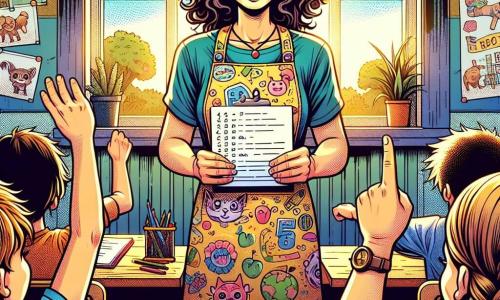 Una maestra sonriente, de unos cuarenta años, con cabello rizado castaño y gafas redondas, se encuentra en el centro sosteniendo una lista de útiles escolares. Lleva una blusa colorida adornada con dibujos de animales, y su rostro irradia entusiasmo y bondad. A su derecha, un niño llamado Pablo, de 10 años, con cabello rubio despeinado y una camiseta azul, levanta la mano con una gran sonrisa, ansioso por hacer una pregunta. A su izquierda, una niña llamada Alicia, también de 10 años, con cabello largo y trenzado, mira a la maestra con ojos brillantes de curiosidad, sosteniendo un pequeño cuaderno en sus manos. La escena se desarrolla en un aula luminosa, con paredes decoradas con dibujos de niños, carteles educativos coloridos y ventanas que dejan entrar la luz del sol. Los escritorios de madera están dispuestos en semicírculo, y hay una pizarra al frente llena de notas y dibujos. La situación principal muestra a la maestra explicando con entusiasmo a los niños que van a ir de excursión, mientras los alumnos, emocionados, conversan entre ellos e intercambian ideas sobre lo que van a descubrir.
