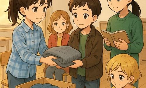 Ci sono 5 personaggi: Martina, 10 anni, capelli castani raccolti in coda, camicia a quadri azzurra, a sinistra che porge un grosso maglione grigio piegato con sorriso tranquillo; Giulia, 10 anni, capelli castano ricci, giacca rossa, seduta dietro Martina che guarda benevola; Noor, 10 anni, pelle olivastra, capelli neri lisci raccolti, maglione verde, a destra di Martina con un piccolo taccuino aperto (registro); Sofia, 10 anni, capelli biondi corti, maglietta gialla, accovacciata vicino a una scatola di cartone decorata mentre sistema vestiti piegati; Marco, 9 anni, capelli corti scuri e cappotto un po' consumato, in piedi di fronte alle bambine a destra, timido ma sollevato, porge la mano per prendere il maglione. Luogo: aula luminosa con pavimento in legno chiaro, tavoli ai lati, grande finestra con tenda che lascia entrare luce dorata, una scatola colorata con scritto Scatola dei Doni su un tavolino, registro e alcuni biscotti confezionati visibili. Situazione: momento intimo e tenero in stile manga dolce e luminoso: le quattro amiche donano discretamente un maglione a Marco, espressioni dolci, colori caldi, tessure visibili, atmosfera di solidarietà.