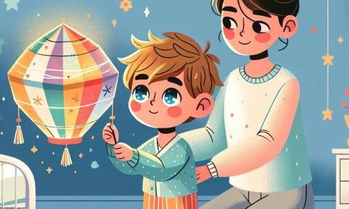 Un băiețel de 4 ani, pe nume Matei, cu părul blond și ochi plini de curiozitate, ține în mâini o lanternă colorată din hârtie. Are un zâmbet încrezător pe față, pregătit să-și înfrunte temerile. Lângă el, mama sa, o femeie blândă de aproximativ 30 de ani, cu părul brun prins în coc și un pulover pastel, îl încurajează cu o privire binevoitoare, stând ușor în spate pentru a-i lăsa spațiu. Scena se desfășoară în camera lui Matei, cu pereții vopsiți în albastru deschis și decorați cu stele aurii. Un pat cu cearceafuri colorate este vizibil în fundal, iar lumina lanternei luminează blând încăperea, creând o atmosferă caldă și reconfortantă. Matei stă lângă patul său, ținând lanterna care strălucește în întuneric, pregătit să adoarmă fără teamă, în timp ce mama sa îl observă cu mândrie și dragoste.