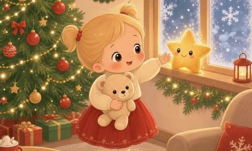 Een tweejarig meisje met ronde glanzende ogen, roze wangen en blond haar in twee staartjes, nieuwsgierig en zachtaardig, houdt een beige knuffelbeer met geborduurde zwarte ogen tegen haar borst en reikt naar een kleine gouden, antropomorfe ster met een moedig gezicht en verlegen glimlach op de vensterbank; de scène speelt zich af in een knusse kerstwoonkamer met een grote versierde groene den links, koekjes op de salontafel en sneeuwvlokken buiten het beslagen raam, warme guirlandeverlichting verlicht hun gezichten, zachte sfeer in warme rood-, goud- en groentinten, eenvoudige ronde vormen en een rustige, gecentreerde compositie.