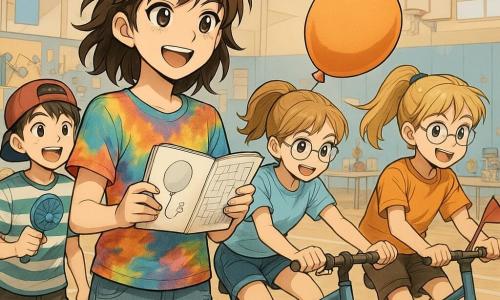 Una niña de 12 años, Lía, con el cabello castaño alborotado y ojos brillantes, está de pie con una sonrisa decidida, sosteniendo un cuaderno de bocetos abierto en sus manos. Lleva una camiseta colorida y unos vaqueros desgastados, mostrando su espíritu creativo y aventurero. A su lado, Vega, una niña de 12 años con gafas redondas y cabello rubio recogido en una cola de caballo, pedalea enérgicamente en una bicicleta estática, concentrada y sonriente. Nico, un chico de 13 años con una gorra al revés y una camiseta a rayas, observa con entusiasmo, sosteniendo un ventilador de mano. Yago, un niño de 8 años con el cabello despeinado y una expresión traviesa, agita una pequeña bandera de tela. Están en un gimnasio escolar decorado con banderines coloridos y mesas llenas de inventos extravagantes. La escena principal muestra a Lía y su equipo realizando un desafío imposible: hacer flotar un globo a través de un laberinto trazado en el suelo, gracias a un ingenioso soplo de aire. La atmósfera es alegre y animada, llena de creatividad y camaradería.