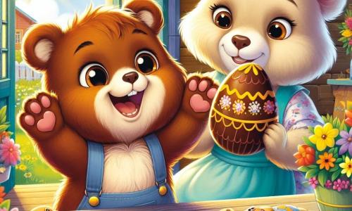 Benny, un piccolo orso bruno con occhi scintillanti e un sorriso radioso, è al centro dell'immagine, mentre tiene un grande uovo di cioccolato decorato con motivi dorati e colorati. Esprime una gioia immensa, con le zampe sollevate in aria, come se avesse appena scoperto un tesoro. Accanto a lui, la sua mamma, una dolce orsa dal pelo crema e dagli occhi benevoli, sorride orgogliosa guardando il suo piccolo. Sta preparando biscotti a forma di coniglio su un tavolo colorato, circondata da fiori primaverili. Lo sfondo è una deliziosa casa di legno, con finestre decorate da ghirlande colorate e un giardino fiorito dove brillano uova di Pasqua nascoste tra i fiori. Il sole splende in un cielo azzurro chiaro, creando un'atmosfera gioiosa e festosa. La scena mostra Benny che scopre l'uovo magico, circondato dall'amore e dal calore della sua famiglia, simboleggiando lo spirito di Pasqua e la magia delle avventure condivise.