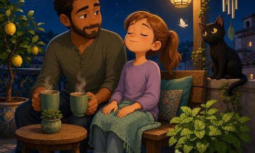 An 8-year-old girl with a calm, dreamy expression, round freckled face and light brown ponytail sits on a wooden bench with a wool blanket on her knees, hands resting on her thighs in a breathing pose; her ~35-year-old father with short beard and brown hair sits to her left, tender and patient, holding two steaming mugs on a small wooden table and leaning slightly toward her; a curious yellow-eyed black cat perches on the railing to the right with its tail curled around a mint plant; the scene is a nighttime home patio with pale stone slabs, an amber streetlight and a warm hanging lamp, a pot of textured mint, a small lemon tree casting a delicate shadow, a gently swinging metal wind chime, a full moon top-left with a few stars, a white moth near the lamp, steam rising from the mugs, and a peaceful, secure mood in soft blues, mint greens and warm yellows.