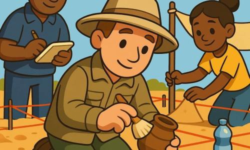 A smiling, focused archaeologist with light brown hair and a wide beige hat, wearing a khaki jacket, kneels and gently cleans a small brown pottery with a soft brush while a 30-year-old male friend in a blue cap stands left holding a notebook and pencil, and a 25-year-old female volunteer with tied-back hair and a yellow T-shirt sets up a small shade cloth to the right with a water bottle nearby; the sunny excavation site has light sandy soil, digging squares marked with red strings and a few tools on a wooden board, the scene centers on the partially buried ancient pot highlighted by soft light, calm curious atmosphere and warm respectful expressions.