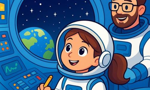 Eine junge Astronautin, Mira, schwebt in der Kabine der Raumstation, ihre Augen leuchten vor Neugier und Staunen. Sie trägt einen weißen Raumanzug mit blauen Akzenten, und ihre braunen Haare sind zu einem ordentlichen Pferdeschwanz gebunden. In einer Hand hält sie ein kleines Notizbuch und in der anderen einen Stift, bereit, ihre Beobachtungen über die Sterne festzuhalten. Im Hintergrund überwacht ein etwa 30-jähriger Astronaut mit einem kurzen Bart und Brille die Kontrollinstrumente. Er lächelt und ermutigt Mira bei ihrer Erkundung. Die Szene spielt sich in einer modernen Raumstation ab, mit großen runden Fenstern, die einen spektakulären Blick auf die Erde darunter bieten, umgeben von der Dunkelheit des Weltraums. Leuchtende Kontrollpaneele und schwebende Ausrüstungen schaffen eine futuristische und faszinierende Atmosphäre. Mira beobachtet die funkelnden Sterne durch das Fenster, ein bewunderndes Lächeln auf ihrem Gesicht, während sie sich darauf vorbereitet, die Milchstraße zu zeichnen und die Wunder des Universums zu dokumentieren.