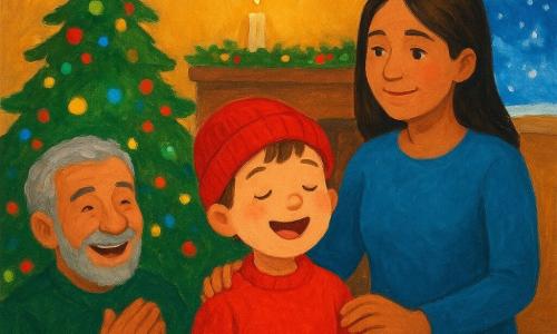 A 6-year-old boy named Leo, wearing a bright red hat and rosy cheeks, sings with a shy yet bright smile. He stands near a sparkling Christmas tree, surrounded by multicolored lights. His mother, a woman in her thirties with brown hair and a kind look, stands beside him, gently placing a hand on his shoulder. His grandfather, a gray-haired man with a smiling face, claps enthusiastically, standing slightly back near the fireplace. The scene takes place in a cozy living room, decorated with garlands and candles, with a crackling fire in the fireplace and snowflakes visible through the window. The main situation shows Leo singing a Christmas carol, surrounded by his encouraging family, in a festive and joyful atmosphere.