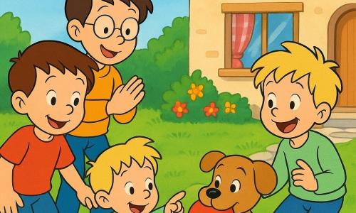 Vier kinderen: Sam (jongetje, ~6, kort bruin haar, rood T-shirt, blauw short) linksvoor houdt een hand vast en lacht naar de hond; Joep (jongetje, ~6, blond warrig haar, lichtgroene trui) rechts van Sam wijst blij naar de rode bal in de bek van de hond; Max (jongetje, ~7, kastanjebruin haar, ronde bril, geel T-shirt) iets achter hen, gehurkt en klappend; Lars (jongetje, ~6, zwart haar, oranje jasje) achteraan links gebogen alsof hij wil wegrennen. Een klein lichtbruin hondje met hangende oren en glanzende ronde ogen houdt een grote rode bal vast en kwispelt terwijl het de kinderen aankijkt. Voor een dorpshuis met rood pannendak, groene grasmat, ruitgordijn in het raam, wat kleurrijke bloemen en een licht stenen pad; zachte blauwe lucht met pluizige wolken. Hoofdsituatie: de kinderen spelen buiten, vinden de verloren bal terug, bijeen rond de hond, blije gezichten, dynamische gebaren, warme lichte sfeer, felle kleuren en duidelijke contouren in jaren 90 cartoonstijl.