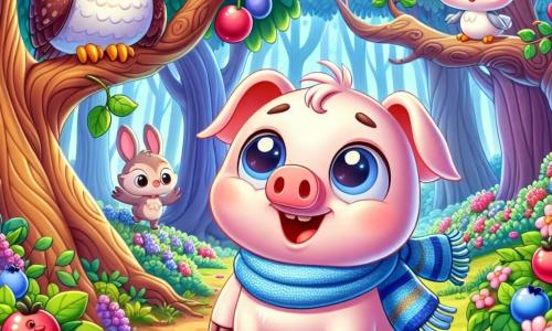 A little pig named Percy, with soft pink skin and a round snout, stands at the center of the scene, his eyes sparkling with excitement and a big smile on his face. He wears a blue scarf tied around his neck and gazes in wonder at a beautiful bush filled with colorful berries, including red, blue, and purple ones. To his right, Lila, a wise owl with brown feathers and big round eyes, perches on a branch, watching curiously and encouragingly. To the left, Benny, a rabbit with long ears and white fur, joyfully hops with his paws in the air, ready to taste the berries. 

The scene takes place in the enchanted forest of Snufflewood, where majestic trees with thick trunks and shiny leaves create a green canopy above them. Colorful flowers dance in the breeze, and a gentle ray of sunshine filters through the branches, illuminating the berry bush. 

Percy, Lila, and Benny are gathered to celebrate the return of the berries after helping their friend Cumulus, the cloud, find the dream dust. They are filled with joy and excitement, ready to share a feast of berries under the blue sky.