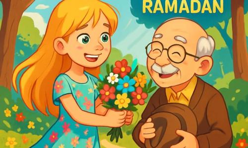 O fată de 12 ani, pe nume Maria, cu părul lung și blond strălucitor și ochi verzi strălucitori, zâmbește vesel ținând un buchet de flori colorate în mâini. Ea poartă o rochie ușoară cu motive florale, care dansează cu vântul. Lângă ea, un bătrân cu ochelari rotunzi și mustață gri, de aproximativ 70 de ani, îi zâmbește cu recunoștință, ținându-și pălăria veche pe care Maria i-a returnat-o. Se află într-un parc însorit, plin de flori strălucitoare și copaci măreți, unde razele soarelui filtrează printre frunze. Situația principală o arată pe Maria oferind florile bătrânului, simbolizând un act de bunătate și generozitate în timpul Ramadanului, cu o atmosferă caldă și prietenoasă.