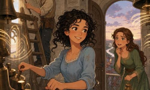 The princess (about 16) stands center, expressive and smiling, stormy tea-colored eyes, messy black curls, wearing a simple pale blue dust-streaked dress, hands on the large chimes with a confident, awed posture; Mira (about 20) stands just behind, holding a small golden lantern, worried yet delighted, straight chestnut hair, green dress, leaning in as if listening; Master Orin (about 60) is on a small wooden ladder to the left, thin with messy gray hair and round glasses, holding copper tools and focused on the bell supports above; the scene is inside an old bell tower with pale stone walls carved with bell and wing motifs, rows of polished bronze bells, ropes and wooden mechanisms, golden shafts of light through dusty windows revealing floating particles; in the background a small open door leads to a narrow balcony overlooking red-tiled roofs and a silver ribbon of river under a soft twilight sky; the princess has just played a simple melody on the carillon, the bells vibrate and send visible luminous sound waves, and the mood is warm, magical, and full of collective hope.