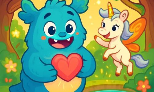 A large blue monster named Mumble, with three fluffy ears and a round belly, smiles joyfully while holding a glowing heart in his hands. His eyes sparkle with happiness and curiosity. Next to him, a small unicorn with butterfly wings, named Lila, with a silver mane and sparkling eyes, dances in the air, full of excitement. The setting is in an enchanted clearing, surrounded by tall twisted trees covered in green moss and bright flowers that shimmer under the golden sun. In the center, a crystal-clear pond sings a sweet melody, illuminated by the magical light emanating from the heart. The scene shows Mumble and Lila celebrating the discovery of the magical heart, surrounded by fantastical creatures watching them in wonder, filled with joy and friendship.