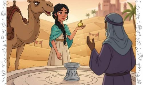 The protagonist is a young woman with a determined gentle face, bright hazel eyes and long black braided hair, wearing a beige linen dress and turquoise shawl with gold motifs; she delicately holds a small amber sundial in her palm, looking calm and awed, while a gruff but kind camel named Mazu stands to the left with a large head and worn leather saddlebags, and an enigmatic old man, Safi (about 60), appears in the right background in a purple robe and gray-blue veil, observing with a raised hand as if blessing; the merchant Qasim is absent but the blurred towers of a wealthy Arabic-style house are visible in the distance; the scene is a desert sanctuary among dunes with pale stone steps, a circular courtyard and an empty silver pedestal atop the sanctuary where the amber sundial is about to be placed, warm light passing through the amber and casting shadow patterns on her hands, creating a peaceful, homecoming atmosphere.