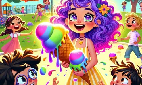 Una superheroína llamada Lila, una joven de cabello rizado y violeta, sonríe alegremente mientras sostiene un gran cucurucho de helado colorido. Sus ojos brillantes muestran su entusiasmo mientras usa sus poderes para hacer aparecer helados multicolores a su alrededor. A su lado, Tomás, un niño de 8 años con gafas y cabello castaño desordenado, mira con asombro los helados que flotan en el aire. Ana, una niña de 7 años con trenzas y un vestido amarillo, ríe mientras intenta atrapar un helado que se escapa. La escena tiene lugar en un parque soleado, lleno de árboles verdes, flores coloridas y un área de juegos animada. Niños juegan al fondo, mientras un cielo azul brillante ilumina toda la escena. La situación principal muestra a Lila usando sus poderes para distraer al villano Don Plátano, quien resbala sobre un montón de helados, provocando risas entre sus amigos.