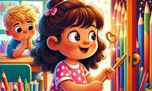 Uma menina de 4 anos, Mia, com grandes olhos curiosos e cabelos castanhos cacheados, está diante de um armário colorido, com um sorriso maravilhado no rosto. Ela veste um vestido rosa com bolinhas e segura uma chave brilhante na mão. Ao lado dela, seu amigo Leo, um garoto de 3 anos com cabelos loiros bagunçados e uma camiseta azul, observa com excitação, os olhos arregalados, pronto para descobrir o que está dentro do armário. A cena acontece em uma sala de aula iluminada, cheia de desenhos coloridos nas paredes e materiais de arte espalhados pelas mesas. Mia e Leo estão abrindo um armário misterioso com a chave que Mia encontrou, revelando uma variedade de lápis de cor brilhantes dentro, prontos para suas próximas aventuras artísticas.