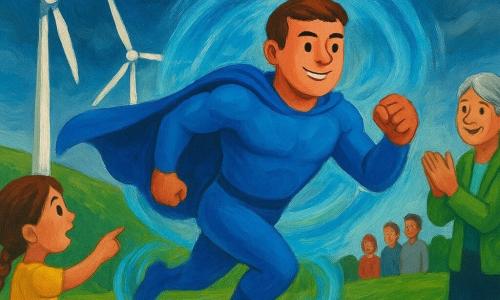 Um homem, Zélio, heróico e sorridente mas concentrado, rosto redondo, cabelo castanho curto, traje azul brilhante com capa leve, correndo e formando um turbilhão de ar azul protetor; uma menina de ~8 anos, cabelos longos trançados, vestido amarelo, aponta maravilhada perto de um banco à esquerda das turbinas; uma idosa de ~65 anos, cabelo grisalho em coque, jaqueta verde, aplaude sorrindo perto de um pequeno grupo à direita; local: parque eólico com grandes turbinas brancas, relva verde ondulante e algumas flores vermelhas em primeiro plano, céu parcialmente escuro com nuvens giratórias iluminadas por um suave brilho azul; situação: Zélio cria uma barreira protetora enquanto as pás continuam a girar calmamente, atmosfera heróica e reconfortante, cores vivas e contraste, luz suave nos rostos.