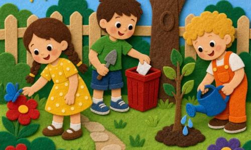Drei Kinder in einem sonnigen Garten aus bunter Filzarbeit: Lina, ca. 6 Jahre, braune Zöpfe, gelbes gepunktetes Kleid, links, lächelt und streckt die Hand zu einem kleinen blauen Schmetterling; Max, ca. 6 Jahre, kurzes braunes Haar, grünes T‑Shirt und Jeansshorts, Mitte, hebt ein weißes Papierstück mit einer kleinen Schaufel und wirft es in eine rote Mülltonne neben einem jungen Baum; Tim, ca. 5 Jahre, lockiges blondes Haar, orange Latzhose, rechts, gießt mit einer blauen Gießkanne den jungen Baum; grüner Rasen, rote und violette Blütenbüschel, brauner Baumstamm mit Struktur, helle Holzzaun im Hintergrund, gepflasterter Weg, kräftige Farben, weiche Kanten, sichtbare Texturen, einfache Formen, warme, ruhige und fröhliche Komposition im Filzbild mit dicken Konturen und überlappenden Elementen.