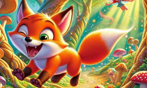 A little clever fox named Felix, with bright orange fur and a bushy tail, is running with a mischievous grin on his face and sparkling eyes. He is chasing a laughing marshmallow that joyfully bounces on a ground dotted with colorful flowers and funny mushrooms. Next to him, a tiny fairy named Tilly, the size of a mushroom, with sparkling wings and a dress made of flower petals, flies in the air, arms raised in excitement, encouraging Felix in his pursuit. The setting is an enchanted forest, with twisted tree trunks, shiny leaves, and rays of sunlight filtering through the foliage, creating a magical and joyful atmosphere. The scene shows Felix in full sprint, laughing out loud, while the lively marshmallow escapes ahead, leaving behind a trail of bright colors and small sparkles.