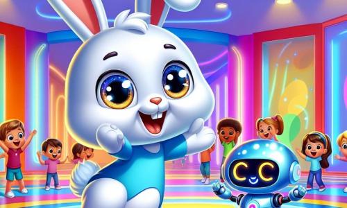 Ein kleiner Hase mit großen Ohren, glänzendem weißen Fell und neugierigen Augen tanzt fröhlich in einem bunten Raum, umgeben von funkelnden Lichtern und animierten Robotern. Er zeigt immense Freude und Staunen, mit den Hinterbeinen in der Luft, bereit zu springen. Neben ihm applaudiert ein runder, blauer Roboter namens Robo-Rudi mit einem großen Lächeln und beweglichen Armen enthusiastisch. In einer Ecke führt ein anderer Roboter, Dancebot, mit langen, flexiblen Armen Tänze aus und trägt zur festlichen Atmosphäre bei. Die Szene spielt in einem futuristischen Freizeitzentrum mit bunten Glaswänden, wo leuchtende Muster über den Boden tanzen. Kinder lachen und spielen herum, während Bildschirme interaktive Spiele anzeigen. Die Hauptsituation zeigt den kleinen Hasen, der mit Freude tanzt, umgeben von Robotern und Kindern, zur Feier der Eröffnung eines neuen Spiel- und Lernzentrums, wo Freundschaft und Kreativität in einer magischen und bunten Atmosphäre gedeihen.