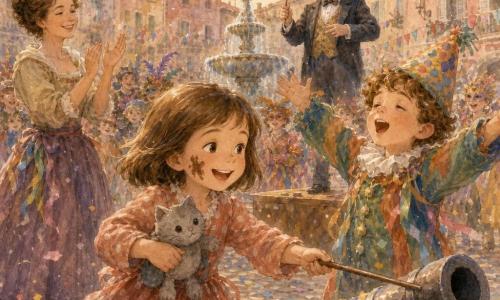 Una bambina di 8 anni, capelli castani a caschetto, viso rotondo con macchie di cioccolato sulla guancia, gioiosa e concentrata, indica con un piccolo bastoncino di legno come direttrice d'orchestra; nella mano sinistra tiene una mini bambola-gatto di peluche chiamata Baffo, grigia, stretta contro il suo vestito a pois. Accanto a lei, a destra, un ragazzino di circa 7 anni, capelli ricci e cappello a punta colorato, canta con le braccia alzate. Più indietro a sinistra una donna di circa 30 anni, insegnante con i capelli raccolti in uno chignon, applaude segnando il ritmo; dietro i bambini un uomo di circa 50 anni, direttore d'orchestra con cilindro, sorride tenendo la bacchetta su un piccolo podio. La piazza del villaggio è lastricata, circondata da case dai colori pastello con festoni di carta, coriandoli e petali di carta a terra e una fontana al centro; la scena principale mostra il carnevale nella piazza con la bambina che dirige un gruppo di paesani e bambini mascherati, nastri colorati, maschere luccicanti e costumi di piume e paillettes, illuminati da una luce crepuscolare dolce.