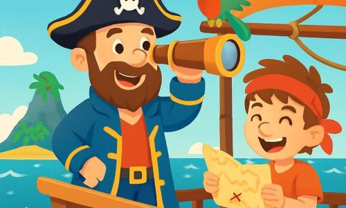 Käpt'n Finn, ein Mann mit einem lächelnden Gesicht und funkelnden Augen, trägt einen schwarzen Piratenhut mit einer bunten Feder. Er steht stolz auf dem Deck seines Schiffes, hält ein großes Holzfernglas und schaut aufgeregt in den Horizont. Neben ihm sitzt Lilo, ein kleiner Papagei mit leuchtend grünen und roten Federn, der fröhlich auf dem Mast sitzt und schreit. Max, ein etwa 10-jähriger Junge mit zerzausten Haaren und einem roten Bandana, sitzt auf einer Kiste, lacht und hält eine Schatzkarte, seine Augen glänzen vor Abenteuerlust. Der Ort ist ein weites Meer mit glitzernden Wellen unter einem blauen Himmel, der mit weißen Wolken durchzogen ist. Am Horizont zeichnet sich eine geheimnisvolle Insel ab, umgeben von grünen Palmen und steilen Felsen. Die Hauptsituation zeigt Käpt'n Finn und seine Freunde, die bereit sind, einem herannahenden Sturm zu trotzen, entschlossen, den verborgenen Schatz der Insel zu entdecken.
