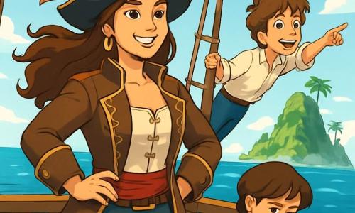 La capitana Isabela, una mujer valiente de unos treinta años, se encuentra orgullosamente en la cubierta de su barco, La Estrella del Mar. Tiene el cabello largo y castaño ondeando al viento, una mirada decidida y una sonrisa radiante de alegría. Lleva un sombrero de pirata adornado con plumas coloridas y una chaqueta de cuero con dorados. A su lado, Tomás, un niño de 12 años, está en lo alto del mástil, con los ojos desmesuradamente abiertos de emoción. Tiene el cabello castaño despeinado y lleva una camisa blanca ligeramente desgastada. Señala una isla misteriosa a lo lejos, rodeada de bruma. Marta, la segunda de la capitana, es una mujer de unos treinta años con el cabello corto y una expresión concentrada. Examina un mapa antiguo, inclinada sobre la mesa del timón, rodeada de compases e instrumentos de navegación. El lugar es un océano azul profundo, salpicado de olas brillantes bajo el sol, con una isla verde dibujándose en el horizonte, envuelta en bruma misteriosa y majestuosas palmeras. La situación principal muestra a la capitana Isabela y su equipo preparándose para explorar esta isla desconocida, llenos de emoción y anticipación, listos para descubrir el tesoro oculto que les espera.