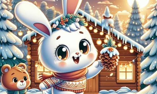 Un pequeño conejo blanco llamado Benito, con grandes orejas y ojos brillantes de alegría, está decorando una hermosa piña con pequeñas ramas y copos de nieve. Tiene una gran sonrisa en su rostro, mostrando su entusiasmo por la Navidad. A su lado, un oso marrón llamado Bruno, con un pelaje suave y ojos redondos llenos de curiosidad, observa a Benito con una sonrisa cálida. Se encuentra cerca de la puerta de su casa de madera, rodeado de guirnaldas luminosas. El decorado es un encantador paisaje invernal, con árboles cubiertos de nieve brillante, copos cayendo suavemente del cielo y una luz dorada del sol poniente que ilumina la escena. La situación principal muestra a Benito corriendo alegremente tras la piña que se ha volado debido a un fuerte viento, creando un momento de aventura y camaradería en el espíritu navideño.
