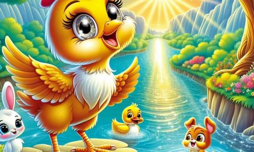 Una gallina llamada Clara, con plumas doradas y ojos brillantes de curiosidad, se encuentra al borde de un hermoso río reluciente, mientras el viento hace danzar sus plumas. Muestra una gran sonrisa, llena de emoción, lista para vivir una nueva aventura. A su lado, un pequeño pato llamado Pablo, con plumaje amarillo brillante y aspecto preocupado, mira el río con ojos redondos, mientras un adorable conejo llamado Ramón, con grandes orejas y pelaje blanco, salta alegremente a su alrededor, lleno de energía. Al fondo, se despliega un paisaje encantador: árboles majestuosos con hojas verdes brillantes, flores coloridas y rayos de sol filtrándose a través de las ramas. La situación principal muestra a Clara y sus amigos preparándose para cruzar el río mágico, un momento lleno de anticipación y camaradería.