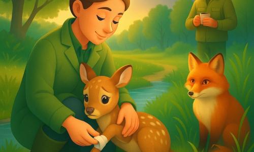 A gentle, focused woman veterinarian kneels in an olive coat and muddy rubber boots, hair in a bun, smiling faintly as she wraps a small bandage around a trembling young spotted fawn resting on her lap; a glossy red vixen watches from a few paces away in tall grass while a forest ranger in his 30s with light beard, khaki jacket and a cup of tea stands at the edge of the copse ready to help; the scene is beside a shimmering stream with grassy banks, wildflowers, smooth stones and green trees under a distant storm cloud casting soft, golden light—tender, slightly dramatic atmosphere, crisp textures, saturated colors and soft shadows.
