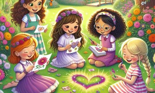 In un giardino soleggiato, quattro ragazze si trovano in cerchio, circondate da fiori colorati. Stella, una ragazza di 10 anni con capelli ricci e un grande sorriso, è seduta sull'erba, tenendo in mano una carta magica brillante. Luna, una ragazza di 9 anni con capelli lisci e castani, è accanto a lei, concentrata a scrivere un messaggio dolce su un foglio colorato. Viola, una ragazza di 10 anni con capelli viola e occhiali, è in piedi, aggiungendo glitter scintillanti alla sua carta, con gli occhi pieni di eccitazione. Rosa, una ragazza di 9 anni con capelli biondi e trecce, è dall'altra parte del cerchio, disegnando un grande cuore rosso sulla sua carta, con un sorriso radioso. Il giardino è un vero paradiso, pieno di fiori dai colori vivaci e farfalle che danzano nell'aria. Le ragazze creano carte magiche per la festa della mamma, mentre un dolce vento fa volare le foglie intorno a loro, aggiungendo un tocco di magia al loro momento.