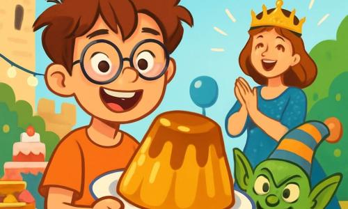 A 10-year-old boy, Max, with tousled hair and round glasses, has a big, amazed smile while holding a large plate of Royal Pudding that is joyfully wobbling. Next to him, a small green creature, a gremlin with pointed ears and mischievous eyes, wears colorful socks on its head and makes a funny face. In the background, the queen, a middle-aged woman in a sparkling dress and golden crown, enthusiastically claps, surrounded by pretty colorful flags. The scene takes place in the courtyard of Quirk Castle, decorated with twinkling garlands, tables laden with sweet treats, and floating balloons dancing in the air. Max, radiating joy, has just saved the Royal Pudding, and everyone is getting ready to celebrate the start of the Great Wobble Festival, with laughter and voices filling the air.