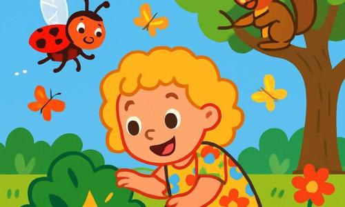 Mimi, ein kleines Mädchen mit lockigem, goldenem Haar, trägt ein blumenbedrucktes Kleid und hat ein großes, staunendes Lächeln auf ihrem Gesicht. Sie hockt im Garten, ihre Augen funkeln vor Neugier, während sie einen glänzenden Gegenstand entdeckt, der hinter einem Busch versteckt ist. Ein roter Marienkäfer mit schwarzen Punkten, fröhlich und lebhaft, fliegt um sie herum, seine kleinen, durchsichtigen Flügel glitzern in der Sonne. Er scheint sie mit einem schelmischen Blick einzuladen, ihm zu folgen. Ein braunes Eichhörnchen mit schelmischen Augen sitzt auf einem Ast eines großen Apfelbaums und wedelt begeistert mit seinem Schwanz, als wollte es Mimi ermutigen, weiter zu erkunden. Der Garten ist voller bunter Blumen, flatternder Schmetterlinge und eines strahlend blauen Himmels. Im Hintergrund steht ein majestätischer alter Apfelbaum, dessen Äste voller roter Äpfel hängen. Mimi, voller Elan, ist bereit, dem Marienkäfer in ein magisches Abenteuer zu folgen und die verborgenen Wunder ihres Gartens zu entdecken.