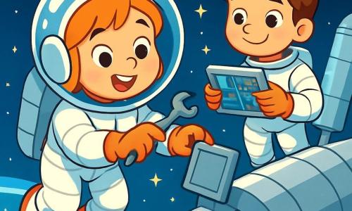 A young astronaut named Mina floats joyfully in space, her face glowing with excitement and curiosity. She wears a shiny white puffy spacesuit with a large transparent helmet showing her sparkling eyes. Mina is carefully manipulating a small wrench. Nearby, her teammate, a boy of about 10 with messy brown hair, also in a spacesuit, watches Mina with an encouraging smile while holding a floating control panel. The scene takes place outside a massive silver space station shining under the stars, with Earth appearing as a beautiful blue and green sphere surrounded by white clouds in the background. Mina adjusts a small panel on the station with slow, precise movements as the stars twinkle around them, creating a magical and peaceful atmosphere.