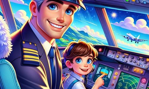 Een mannelijke piloot van ongeveer dertig jaar, glimlachend en zelfverzekerd, draagt een grote blauwe pet en een pilotenjack versierd met glanzende medailles. Hij zit in de cockpit van een vliegtuig, met zijn handen op het stuur en zijn ogen sprankelend van opwinding. Naast hem kijkt een vijfjarig jongetje met rommelig bruin haar en ronde bril verwonderd door het grote raam, terwijl hij met zijn vinger naar de donzige wolken beneden wijst. De cockpit is gevuld met kleurrijke knoppen, heldere schermen en hendels, met een spectaculair uitzicht op een blauwe lucht vol witte wolken en de stralende zon. De hoofdscene toont de piloot en het jongetje die over prachtige landschappen vliegen, met groene bergen en glinsterende rivieren beneden, terwijl ze zich voorbereiden om een grote manoeuvre te maken om een donkere wolk te omzeilen.