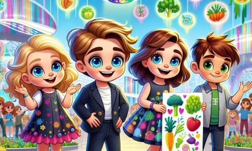 In a futuristic park in Sparkle City, four children are gathered. Leo, a seven-year-old boy with sparkling blue eyes and tousled blond hair, stands at the center, smiling enthusiastically. To his right, Max, a slightly taller boy with brown hair and round glasses, holds a small drone flying joyfully above them. On the left, Tia, a girl with long wavy hair dressed in a colorful dress, raises her arms in excitement. Finally, Sam, a boy with short brown hair, stands slightly back holding a colorful poster featuring drawings of vegetables and flowers. The park is filled with hanging gardens and shining Eco-Pods floating in the air, surrounded by green plants and multicolored flowers. Holograms of fruits and vegetables dance around them, creating a magical and joyful atmosphere. The children present their invention, the Eco-Pod, to a group of amazed spectators, sharing their dream of transforming the city into a place where everyone can grow their own food.