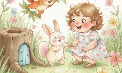 A joyful 2-year-old girl with light brown curly hair and rosy cheeks in a pastel floral dress crouches smiling before a tiny sky-blue wooden door set in a mossy oak stump in a colorful garden; Benny, a fluffy cream rabbit with pale pink speckles, hops up on his hind legs invitingly, while Sammy, a mischievous bright red squirrel with sparkling eyes, performs a comic pirouette on a pile of leaves behind him — the scene suggests she’s discovering the door to Giggle Land, with soft colors, round features and watercolor textures with light splashes to convey magic and laughter.