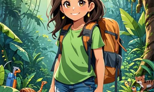 In the foreground, Ella, a 10-year-old girl, stands with a determined and amazed expression. She has messy long brown hair, a bright green t-shirt, and denim shorts, with a small backpack filled with exploration tools. Her eyes sparkle with excitement as she scans the horizon, ready to uncover the jungle's mysteries. Next to her, Max, a scruffy terrier, joyfully barks, his ears perked up and tail wagging enthusiastically. He is sniffing the ground, curious about every scent around him. In the background, a boy named Sam, also about 10 years old, stands slightly back. He has messy black hair and wears a blue t-shirt and beige shorts. He smiles at Ella while holding an old map, ready to assist her on their adventure. The setting is a lush jungle with gigantic trees, bright green leaves, hanging vines, and colorful flowers emerging from the ground. Sunlight beams through the foliage, illuminating the path ahead. The main scene shows Ella and Sam surrounded by the wild beauty of the jungle, eager to venture together towards the Emerald Peaks, with a palpable sense of excitement and curiosity in the air.