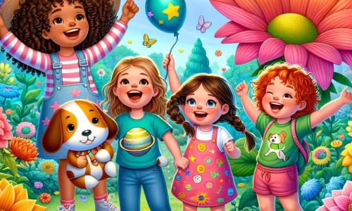 En un jardín secreto lleno de flores gigantes de colores brillantes, cuatro amigas están juntas, riendo a carcajadas. Lucía, con cabello castaño y rizado, lleva un vestido rosa con estrellas y sostiene un pequeño sombrero. A su lado, Sofía, con cabello rubio y liso, viste una camiseta azul con dibujos de planetas y señala una flor gigante. Valentina, con cabello castaño y trenzado, lleva una camiseta verde con motivos de perros y sonríe sosteniendo un globo. Finalmente, Clara, con cabello pelirrojo y rizado, viste un overol amarillo, levantando los brazos con una gran sonrisa y sosteniendo un sombrero decorado. El jardín es un lugar mágico con flores tan altas como árboles, colores vivos que iluminan el entorno y un cielo azul salpicado de nubes. En el centro, un gran árbol majestuoso se alza, y mariposas de colores vuelan alrededor de las amigas. La escena principal muestra a las cuatro amigas celebrando su victoria tras recuperar un globo atascado en una flor gigante, rodeadas de risas y alegría, listas para vivir más aventuras juntas.