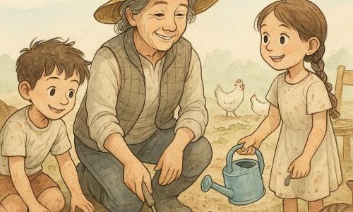 Uma agricultora madura, sorridente e serena, rosto suavemente vincado pelo sol, chapéu de palha, colete e botas de borracha, ajoelhada com uma pequena pá, ensinando duas crianças a arrancar uma erva daninha; Tomás, 7 anos, cabelo castanho desgrenhado e joelhos sujos, à esquerda junto a uma fileira de alfaces, puxa a planta com a raiz inteira, orgulhoso; Inês, 8 anos, cabelo em trança e vestido simples manchado de terra, à direita na margem do sulco, segura um regador leve, maravilhada; um gato malhado enrolado ao pé de um banco ao fundo, ronronando, e algumas galinhas brancas ciscando perto de um monte de ervas arrancadas; horta com fileiras direitas de alfaces verdes e cenouras jovens, terra escura e fresca, um monte de composto à esquerda, cadeira de madeira e balde de água à direita, céu azul pálido com nuvens leves; momento calmo e pedagógico — os três trabalham juntos a arrancar ervas, terra a voar um pouco, gotas de água a brilhar nas folhas, atmosfera acolhedora e laboriosa centrada no gesto partilhado e nos olhares de aprendizagem.