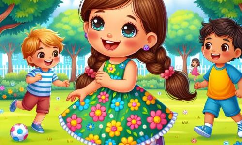 Uma menina de 4 anos, Lili, com longos cabelos castanhos e olhos brilhantes, sorri alegremente enquanto brinca no parque. Ela usa um vestido colorido com padrões de flores e segura uma pequena bola nas mãos. Ao lado dela, sua nova amiga Mia, uma menina de 4 anos com cabelos loiros trançados e um vestido amarelo vivo, ri enquanto corre em direção a Lili. Um pouco mais longe, Tomás, um menino de 5 anos com cabelos castanhos e uma camiseta azul, se aproxima segurando outra bola, pronto para se juntar ao jogo. O parque está cheio de verde, com grandes árvores e flores coloridas que dançam ao vento. Crianças brincam ao redor, e um céu azul claro se estende acima deles, salpicado de algumas nuvens brancas. A cena principal mostra Lili, Mia e Tomás brincando juntos, rindo e correndo no parque, ilustrando a alegria da amizade.
