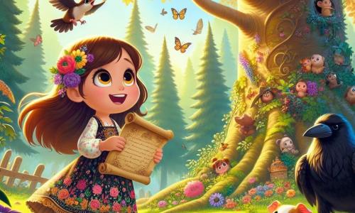 Uma menina de 4 anos, Clara, com longos cabelos castanhos e olhos brilhantes de curiosidade, está em pé ao pé de uma imensa árvore com folhas douradas, um sorriso encantado no rosto. Ela usa um vestido colorido com flores e segura um velho pergaminho nas mãos, olhando com empolgação para o alto da árvore. Ao seu lado, um travesso papavero chamado Léo, um porquinho-da-índia de pelos macios e olhos travessos, salta alegremente na grama verde, com as orelhas em pé, pronto para explorar. Um pouco mais adiante, uma corvo sábia, Sofia, empoleirada em um galho, os observa com benevolência, suas penas pretas brilhantes contrastando com o céu azul claro. A cena acontece em uma floresta encantada, onde raios de sol filtram pelas folhagens, iluminando flores multicoloridas e borboletas que voam ao redor. A atmosfera é mágica e cheia de promessas de aventuras. Clara e Léo, cheios de empolgação, se preparam para descobrir os segredos da Árvore dos Segredos, um lugar misterioso que parece sussurrar histórias antigas.