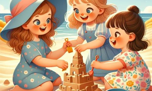 O fetiță de 4 ani, Ana, cu părul ondulat și ochii strălucind de bucurie, construiește un mare castel de nisip pe plajă. Zâmbește larg, cu obrașii roșii de emoție, în timp ce dă formă unui turn de nisip cu mâinile ei mici. Lângă ea, Radu, un băiat de 5 ani cu o pălărie albastră, folosește o mică lopată pentru a aduna nisip, privindu-o pe Ana cu admirație. Nu departe, Maria, o fetiță de 4 ani cu o rochie colorată cu flori, ține o găleată mare și râde în timp ce adaugă nisip în castel. Decorul este o plajă însorită, cu dune de nisip auriu, valuri blânde care se sparg la mal și un cer albastru cu câteva nori albi. Cei trei prieteni construiesc împreună castelul de nisip, râzând și încurajându-se reciproc, în timp ce o briză ușoară le flutură părul și hainele.
