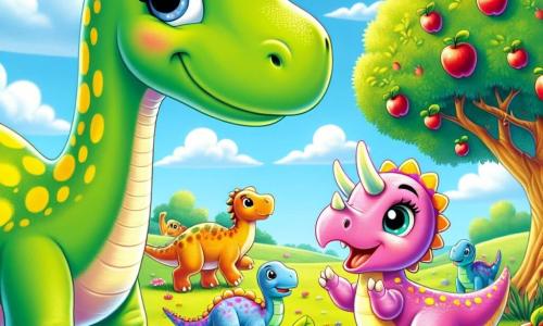 A diplodocus named Daisy, with green skin and yellow spots, stands happily in a sunny field. Her big eyes shine with kindness, and her long neck stretches towards the sky as she smiles warmly. Next to her, Trixie, a pink triceratops with three sparkling horns, jumps for joy, her eyes sparkling with excitement. In the background, a group of small multicolored stegosauruses gathers around a tree loaded with juicy red apples. The sky is bright blue with fluffy white clouds, and the ground is covered in green grass and colorful flowers. Daisy helps her friends by moving a large log that was blocking access to the apple tree, and all the dinosaurs are delighted and smiling, celebrating their friendship and teamwork.