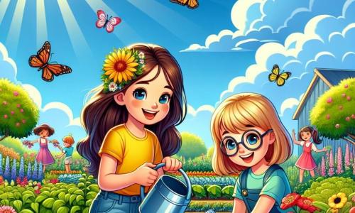 Ein 12-jähriges Mädchen mit langen braunen Haaren und strahlenden Augen hockt in einem üppigen Garten, umgeben von bunten Blumen und grünen Pflanzen. Sie trägt ein leuchtend gelbes T-Shirt und eine Jeansshorts und lächelt begeistert, während sie eine Gießkanne in den Händen hält. Neben ihr steht ihre beste Freundin Mia, ebenfalls 12 Jahre alt, mit blonden Haaren und runden Brillen. Sie zeigt Lina eine leuchtend rote Tomate und lächelt breit. Der Garten ist gefüllt mit Reihen von Gemüse, strahlenden Blumen und schwirrenden Schmetterlingen, unter einem klaren blauen Himmel mit fluffigen weißen Wolken. Die Szene strahlt eine fröhliche und lebhafte Atmosphäre aus, während Kinder im Hintergrund lachen und spielen, während die Sonne sanft scheint und eine warme, sommerliche Stimmung schafft. Lina und Mia arbeiten zusammen, um die Pflanzen zu gießen, und teilen einen Moment der Verbundenheit und des Glücks in diesem lebendigen Gemeinschaftsgarten.