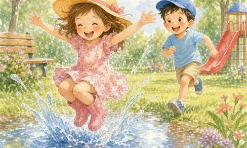 Hay dos niños: Ana, unos 6 años, pelo castaño medio, con sombrero amarillo de ala ancha y vestido de flores rosas, en el centro izquierda saltando en un charco con piernas flexionadas y brazos abiertos, sonriendo mientras saltan gotas; Luis, unos 7 años, pelo negro corto, con gorra azul, camiseta azul claro y pantalón corto beige, en el centro derecha ligeramente atrás corriendo hacia el charco riendo y levantando un pie. Escena en un parque de verano con césped verde, flores de colores, un gran tobogán rojo al fondo derecho y un banco a la izquierda, árboles de hojas verdes y cielo azul con nubes; los niños juegan alegremente junto a un gran charco brillante con salpicaduras, reflejos del cielo y movimiento capturado con trazos fluidos y toques blancos para las gotas, ambiente luminoso y cálido de la tarde.