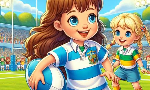 Una niña de 6 años, llamada Sofía, está en el centro de la imagen. Tiene el cabello largo y castaño, ojos brillantes de alegría y lleva un uniforme de rugby colorido: una camiseta blanca con rayas azules y pantalones cortos amarillos. Sonríe con entusiasmo, sosteniendo un balón de rugby bajo el brazo, lista para jugar. A su lado, otra niña de 6 años, Valentina, tiene el cabello rubio trenzado y también lleva un uniforme de rugby, pero de colores diferentes. Está pasando el balón a Sofía, mostrando una gran sonrisa y reflejando su amistad y espíritu de equipo. El fondo es un campo de rugby verde, rodeado de espectadores entusiastas, con árboles al fondo y un cielo azul claro. La situación principal muestra a Sofía y Valentina en plena acción, listas para hacer un pase decisivo durante un partido amistoso, ilustrando el espíritu de camaradería y el placer del deporte.