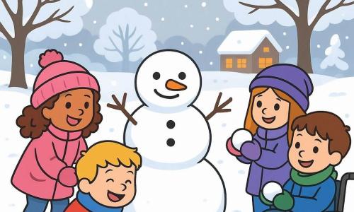 There are 4 children: Mia, a 6-year-old girl with curly brown hair, wearing a bright pink coat, a wool hat, and gloves, joyfully rolling a snowball at the center of the scene. Ben, a 5-year-old boy with blond hair, is wearing a red coat and a blue scarf, crouched next to Mia, laughing and touching the snow. Sara, a 6-year-old girl with long, smooth hair, is wearing a purple coat and a matching hat, standing slightly back, holding a small snowball, ready to add it to their creation. Luca, a 7-year-old boy with brown hair, is sitting in a wheelchair, dressed in a blue coat and a green scarf, smiling at his friends while holding a snowball he made. The setting is a winter garden covered with a thick layer of sparkling snow under a light gray sky, surrounded by snow-laden trees, creating a magical and peaceful atmosphere. In the distance, a warm house can be seen with golden lights shining through the windows. The main scene shows the children building a family of snowmen, laughing and helping each other, adding branch arms and stone faces, creating a joyful and camaraderie-filled scene in this enchanting winter landscape.
