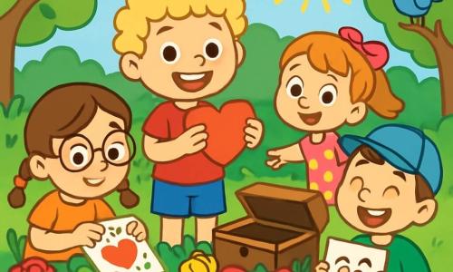 Er zijn 4 kinderen: Max, een 8-jarig jongen met blond, krullend haar, in een rood t-shirt en een blauwe short, staat in het midden, glimlachend met een hartvormige kaart. Emma, een 7-jarig meisje met bruine vlechten en ronde bril, staat links van Max en versiert een kaart met kleurrijke glitters. Sam, een 8-jarig jongen met een blauwe pet en een groen t-shirt, staat rechts van Max, lachend met een kaart met een grappig gezicht. Lily, een 7-jarig meisje met een grote roze strik in haar haar en een bloemenjurk, staat achter Max en wijst naar een doos die verstopt is tussen de bloemen. De locatie is een mooie lentetuin vol kleurrijke bloemen zoals rode rozen, gele tulpen en witte madeliefjes. Vogels zingen in de groene bomen en de zon schijnt, wat een vrolijke en lichte sfeer creëert. De kinderen ontdekken een verborgen doos tussen de bloemen, met verrassende en opgewonde gezichten, omringd door zelfgemaakte Valentijnskaarten, vol vreugde en vriendschap.