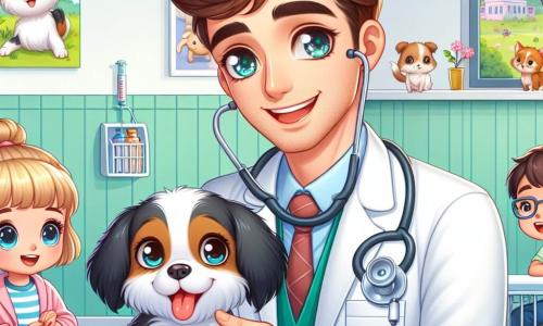 Un veterinar pe nume Andrei se află în centrul imaginii, zâmbind cu ochii strălucitori de bucurie. Poartă un hal alb, un stetoscop la gât și are părul brun ușor ondulat. Este așezat în genunchi, mângâind un cățel cu blană albă și neagră, care pare fericit și jucăuș. Lângă el se află Maria, o asistentă veterinară de aproximativ 30 de ani, cu părul castaniu prins în coc. Ea ține o seringă într-o mână și zâmbește călduros, pregătită să-l ajute pe Andrei. Un pic mai încolo, doi copii, Radu și Ana, în vârstă de 8 și respectiv 7 ani, privesc cu uimire. Radu, un băiat cu părul blond și ochi albaștri, este curios, în timp ce Ana, o fetiță cu părul brun și ochi strălucitori, râde jucându-se cu o jucărie în formă de pisică. Scena se desfășoară într-o clinică veterinară luminoasă și primitoare, cu pereți vopsiți în verde pastel și afișe colorate cu animale. Jucăriile pentru animale sunt împrăștiate pe podea, iar o fereastră mare lasă să intre lumina soarelui, iluminând spațiul. Situația principală îl arată pe Andrei examinând cățelul, vorbindu-i ușor pentru a-l liniști, în timp ce Maria pregătește o injecție. Copiii, fascinați, observă atent, învățând cum să aibă grijă de animale cu dragoste și atenție.