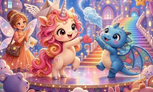 Una vivace e maliziosa unicorno femmina con criniera a spirale rosa e pesca, corno argentato lucente e pelo crema, sorride con grandi occhi e tiene un piccolo cuore origami stortignaccolo, con una minuscola barchetta di carta a ali ritagliate in testa; accanto a lei un timido e felice draghetto maschio dalle scaglie azzurro cielo e ali rattoppate con stelle luminose, che soffia una nuvoletta blu per spingere la barca, entrambi in posa dinamica su una piccola scena; sullo sfondo a sinistra una frizzante postina fata in vestito arancione con borsa canterina che applaude tenendo una lettera con francobollo a stella; il pubblico è formato da creature tonde e colorate (nuvolette, stelle sorridenti, peluche giganti) sedute su cuscini arcobaleno che applaudono e emettono piccole luci; ambientazione: castello nel cielo con scale arcobaleno, tende scintillanti, soffitto di stelle pendenti e pavimento specchiato che riflette i colori; situazione: numero improvvisato con la barchetta di carta che vola lasciando scie di glitter mentre unicorno e draghetto eseguono un gesto coordinato, luce calda, atmosfera fiabesca, stile chibi kawaii, colori pastello saturi, contorni netti e dettagli dolci e leggibili per un bambino di 6 anni.